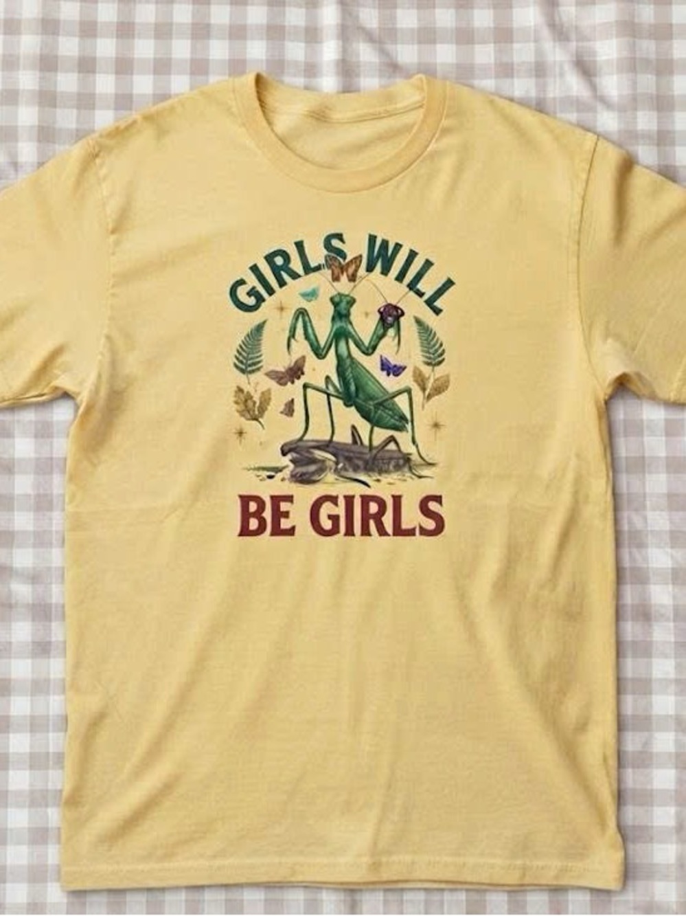 Yellow 'Girls Will Be Girls' Praying Mantis Graphic Tee